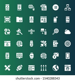 application icon set. Collection of 36 filled application icons included Browser, World, Arrows, Smartwatch, Satellite, Smartphone, Favorite, Globe, Ebook, Mobile, Shutter, Pendrive