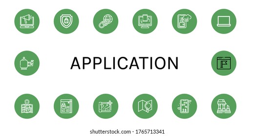 Application Icon Set. Collection Of Laptop, Encrypted, Earth, Responsive, Cashless, Map, Curriculum, Dating App, Ruined, Filter, Browser Icons