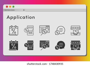 conjunto de iconos de aplicación. calendario incluido, tienda online, apretón de manos, iconos de chat sobre fondo blanco. estilos lineales y llenos.