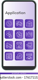 application icon set. included handshake, online shop, megaphone, shopping bag, mortgage, shop, chat, discount, delivery truck icons on phone design background . linear styles.