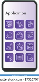 Zeichensatz der Anwendung. beinhaltet Online-Shop, Einkaufstasche, Gewinne, Brieftasche, Hypothek, Shop, Gutschein, Chat, Rabatt, Barcode, Trolley Icons auf dem Handy Design Hintergrund . lineare Stile.