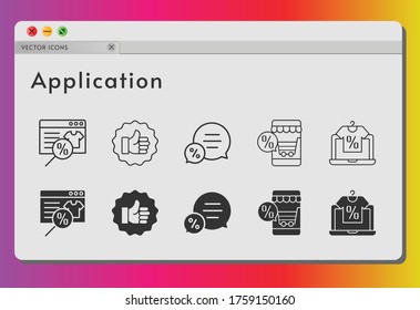 application icon set. included online shop, like, chat icons on white background. linear, filled styles.