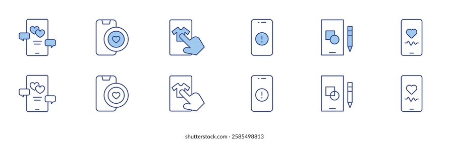 Application icon set in two styles, Duotone and Thin Line style. Editable stroke. dating app, health app, online shopping, smart home, smartphone, telemedicine.