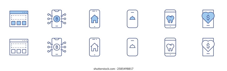 Application icon set in two styles, Duotone and Thin Line style. Editable stroke. app, bitcoin, food delivery, medical app, payable dating app, smartphone.