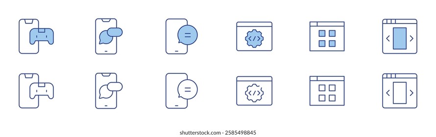 Application icon set in two styles, Duotone and Thin Line style. Editable stroke. api, game, menu, notifications, phone, ui design.