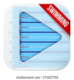 Application icon for swimming pool live sports broadcasts or games. Illustration of sporting field under matting glass and play button. 