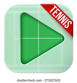 Application icon for tennis live sports broadcasts or games. Illustration of sporting field under matting glass and play button. 