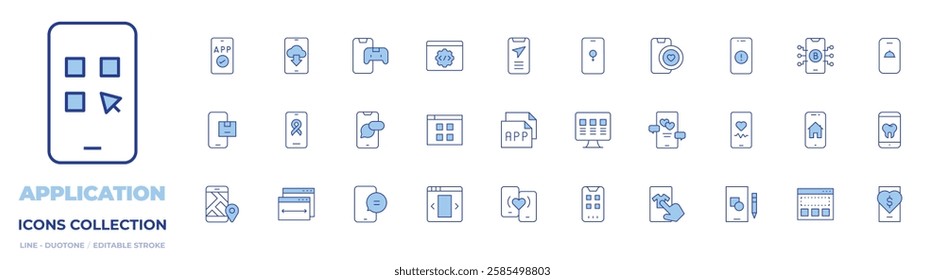 Application icons collection. Line Duotone style, editable stroke. app, apps, charity, check in, dating app, menu, monitor, notifications, online shopping, phone, smartphone, telemedicine, ui design.