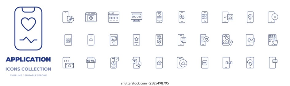 Application icons collection. Thin Line icons, editable stroke. app, app development, calculator, charity, food delivery, interface, medical app, mobile payment, notes, smart tv, star.