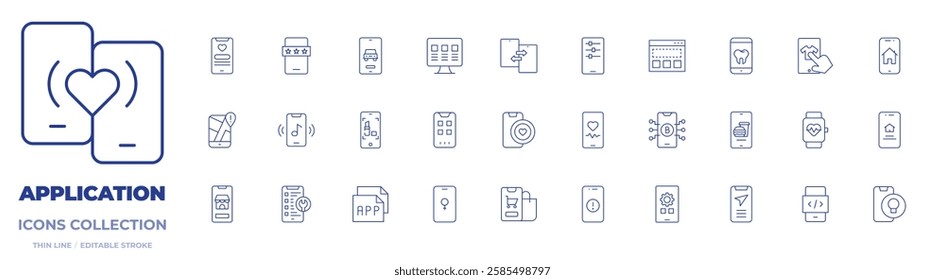 Application icons collection. Thin Line icons, editable stroke. apps, beauty, bitcoin, food app, health, medical app, mobile app, monitor, smartphone, taxi, telemedicine.