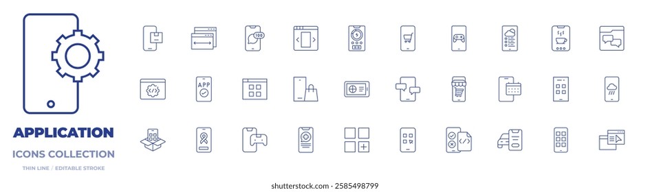 Application icons collection. Thin Line icons, editable stroke. api, app, apps, chat, game, menu, mobile shopping, notifications, online shop, ui design.