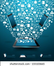 Application icons, With creative networking information process diagram mobile phones and tablet computer pc connection, Vector illustration modern template design work