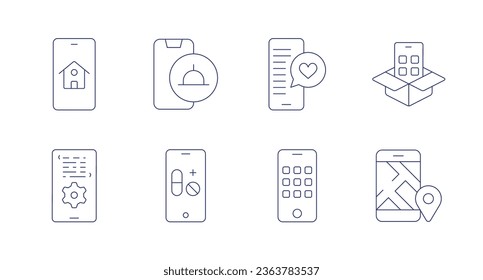 Application icons. Editable stroke. Containing app, app development, apps, check in, food delivery, love message, medical app, mobile phone.