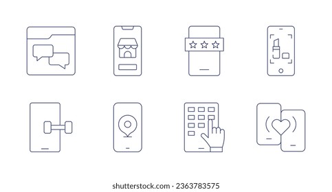 Application icons. Editable stroke. Containing beauty, chat, dating app, fitness app, online shop, phone, smartphone, taxi.