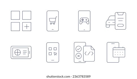 Application icons. Editable stroke. Containing app, application, game, mobile app, rental, smartphone.