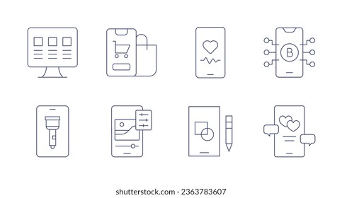 Application icons. Editable stroke. Containing bitcoin, dating app, flashlight, monitor, online shopping, photo editing, smartphone, telemedicine.