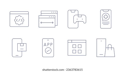 Application icons. Editable stroke. Containing api, app, game, medical app, menu, mobile shopping.