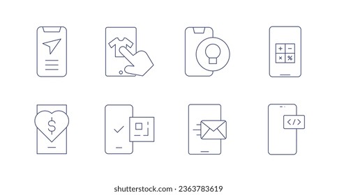 Application icons. Editable stroke. Containing calculator, development, navigation, online shopping, payable dating app, qr code, smartphone, tips.
