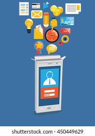 Iconos de aplicación cayendo en el smartphone. Ilustración vectorial.