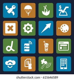 Application icons set. set of 16 application filled icons such as pointing on document, mathematical square, drink, satellite, browser, play in gear, camera mode