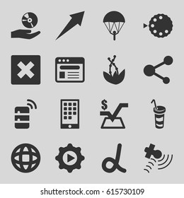 Application icons set. set of 16 application filled icons such as mathematical square, drink, satellite, share, browser, play in gear, CD on hand, camera mode