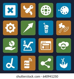Application icons set. set of 16 application filled icons such as mathematical square, drink, satellite, share, browser, play in gear, cd on hand, camera mode, globe, server