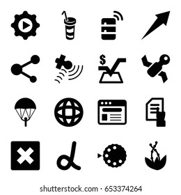 Application icons set. set of 16 application filled icons such as pointing on document, mathematical square, drink, satellite, share, browser, play in gear, camera mode, globe