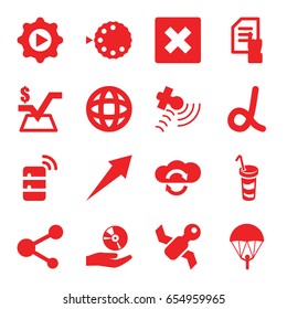 Application icons set. set of 16 application filled icons such as pointing on document, mathematical square, drink, satellite, share, play in gear, cd on hand, camera mode