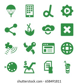 Application icons set. set of 16 application filled icons such as pointing on document, mathematical square, drink, satellite, share, browser, play in gear, camera mode