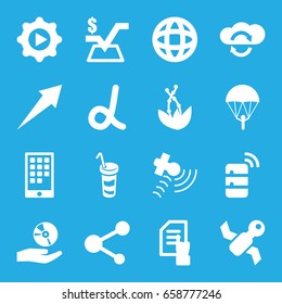 Application icons set. set of 16 application filled icons such as pointing on document, mathematical square, drink, satellite, share, play in gear, cd on hand