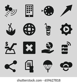Application icons set. set of 16 application filled icons such as pointing on document, mathematical square, drink, satellite, share, play in gear, cd on hand, camera mode