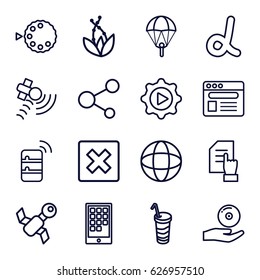 Application icons set. set of 16 application outline icons such as pointing on document, drink, satellite, share, browser, play in gear, CD on hand, camera mode