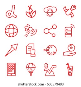 Application icons set. set of 16 application outline icons such as pointing on document, mathematical square, drink, satellite, share, cd on hand, camera mode