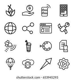Application icons set. set of 16 application outline icons such as pointing on document, drink, satellite, share, browser, play in gear, cd on hand, camera mode