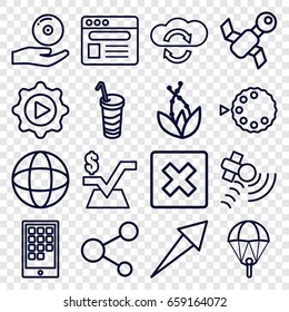 Application icons set. set of 16 application outline icons such as mathematical square, drink, satellite, share, browser, play in gear, cd on hand, camera mode
