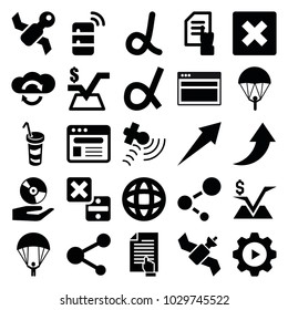 Application icons. set of 25 editable filled application icons such as pointing on document, mathematical square, cancel, alpha, parachute, drink, satellite, arrow, share