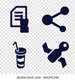 Application icons set. set of 4 application filled icons such as pointing on document, drink, share