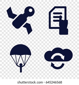Application icons set. set of 4 application filled icons such as pointing on document, satellite, parachute