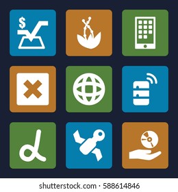 application icons set. Set of 9 application filled icons such as mathematical square, CD on hand, calendar on phone, globe, server, satellite, plant, alpha