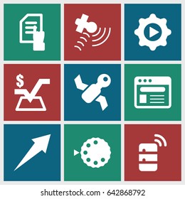 Application icons set. set of 9 application filled icons such as pointing on document, mathematical square, satellite, browser, play in gear, camera mode, server
