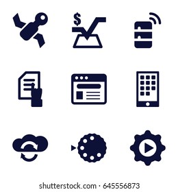 Application icons set. set of 9 application filled icons such as pointing on document, mathematical square, browser, play in gear, camera mode, calendar on phone, server