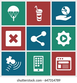 Application icons set. set of 9 application filled icons such as drink, satellite, share, browser, play in gear, cd on hand, calendar on phone, parachute