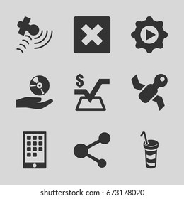 Application icons set. set of 9 application filled icons such as mathematical square, drink, satellite, share, play in gear, cd on hand, calendar on phone