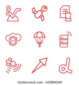 Application icons set. set of 9 application outddline icons such as pointing on document, mathematical square, satellite, server, alpha, arrow, cloud sync