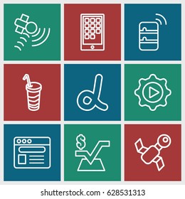 Application icons set. set of 9 application outline icons such as mathematical square, drink, satellite, browser, play in gear, calendar on phone, server
