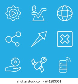 Application icons set. set of 9 application outline icons such as mathematical square, share, play in gear, cd on hand, globe, server, cancel, satellite