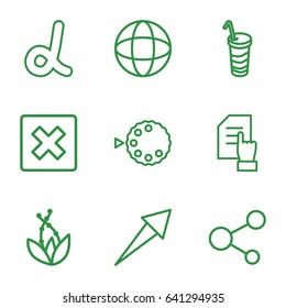 Application icons set. set of 9 application outline icons such as pointing on document, drink, share, camera mode, globe, cancel, alpha, arrow
