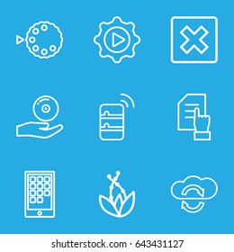 Application icons set. set of 9 application outline icons such as pointing on document, play in gear, cd on hand, camera mode, calendar on phone, server, cancel, plant