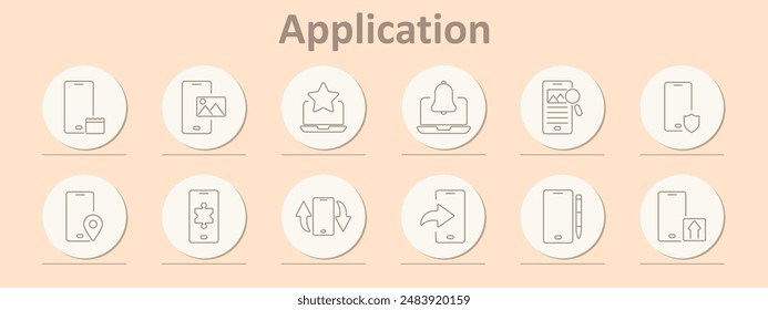 Application icons set. Calendar, photo, star, bell, text, shield, location, puzzle, sync, send, edit, upload. Line icons on beige background