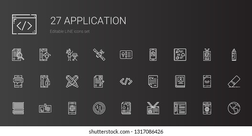 application icons set. Collection of application with browser, id card, workflow, dollar, smartphone, grid, biography, curriculum, coding. Editable and scalable application icons.